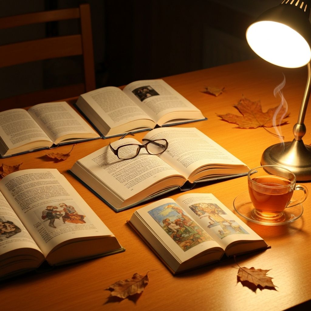 Otvorene knjige raspoređene na drvenom stolu sa toplim svetlom, atmosfera studijskog prostora