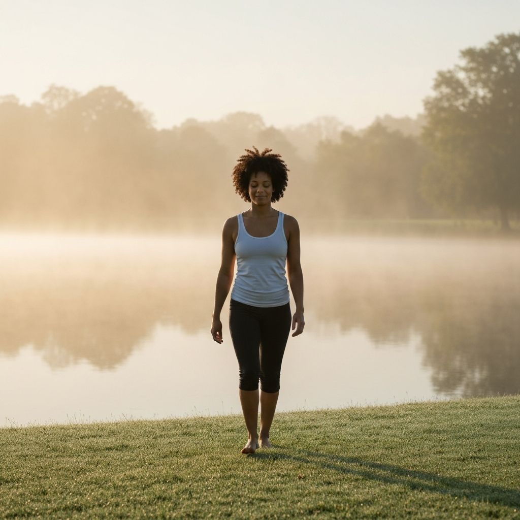 Osoba koja hoda bosa po travi u parku, mirna atmosfera koja evocira svesno kretanje u prirodi