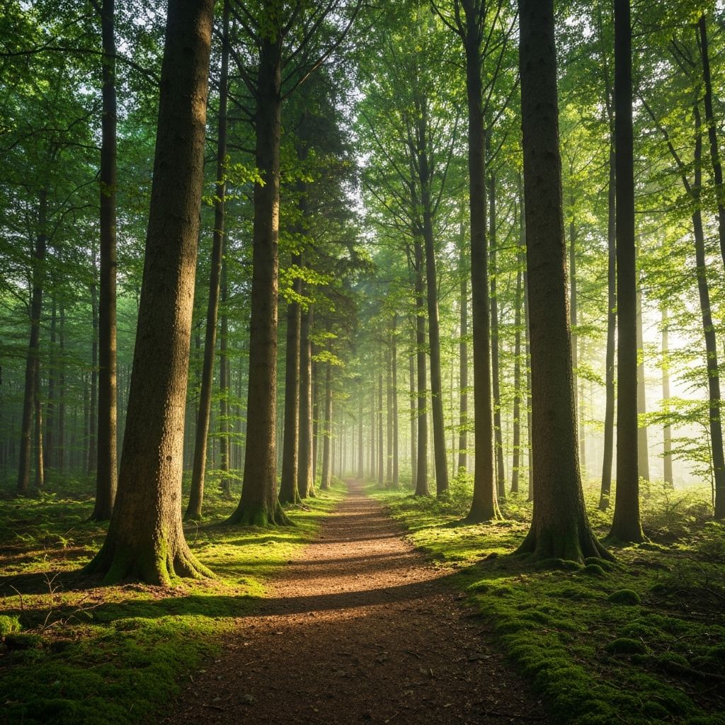 Mirna šumska staza okružena visokim drvećem koja simbolizuje put samorazvoja