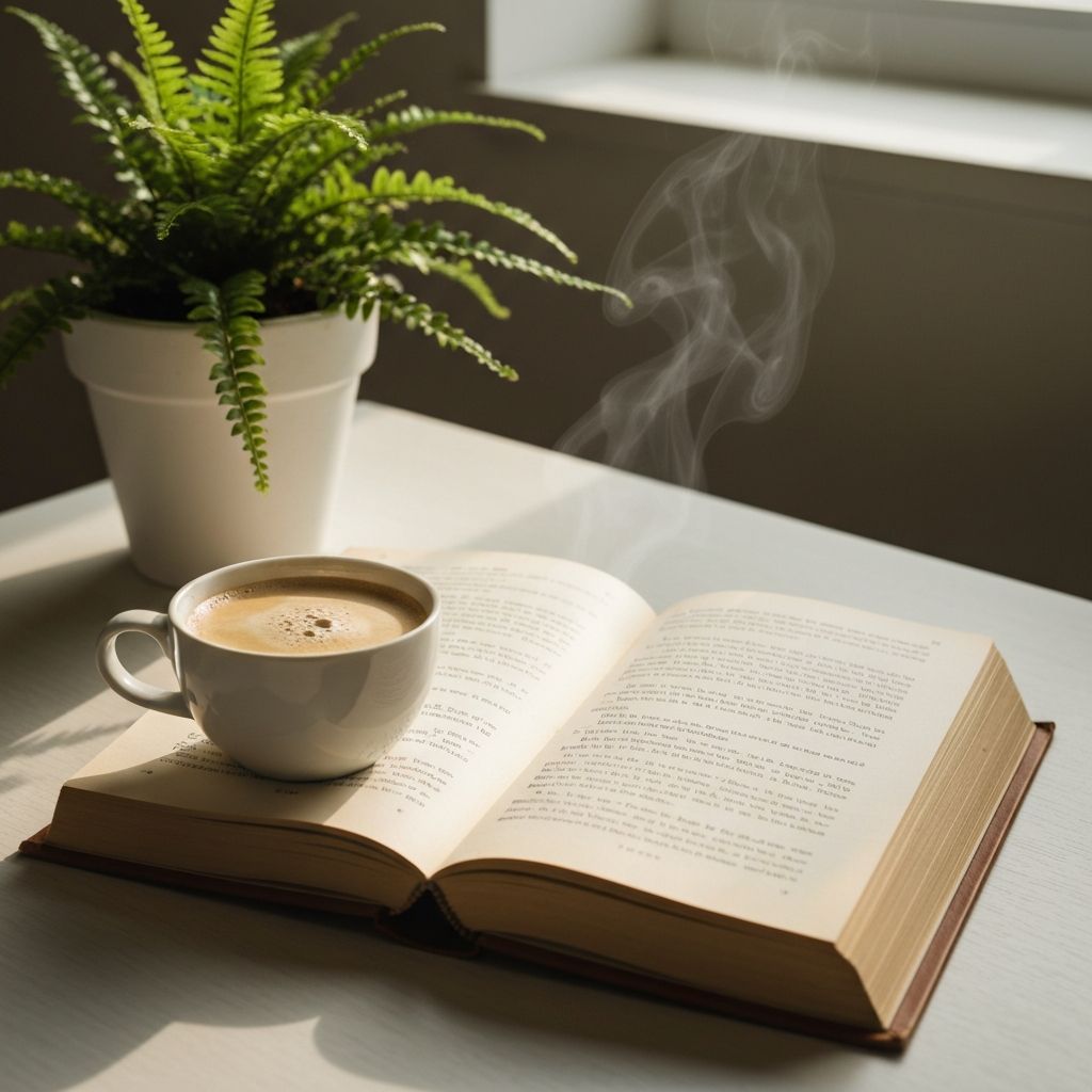 Šolja jutarnje kafe pored otvorene knjige na mirnom stolu