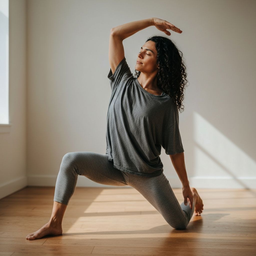 Osoba koja radi lagane vežbe istezanja u mirnom prostoru pored prozora